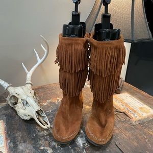 Minnetonka Calf High Two Layer Fringe Brown Moccasin Boot Sz 11